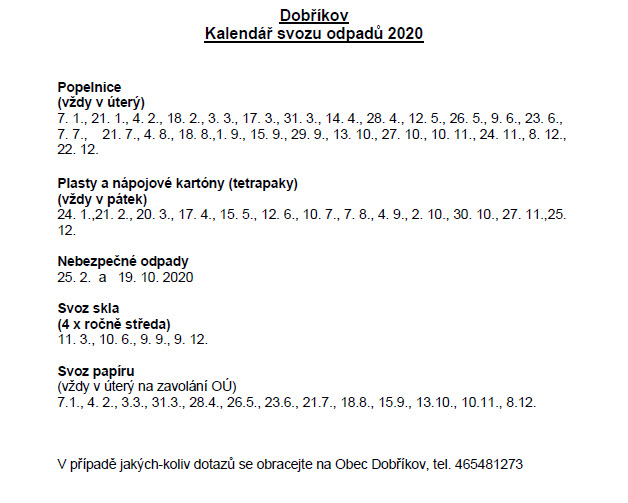 Kalendář svozu odpadů na rok 2020